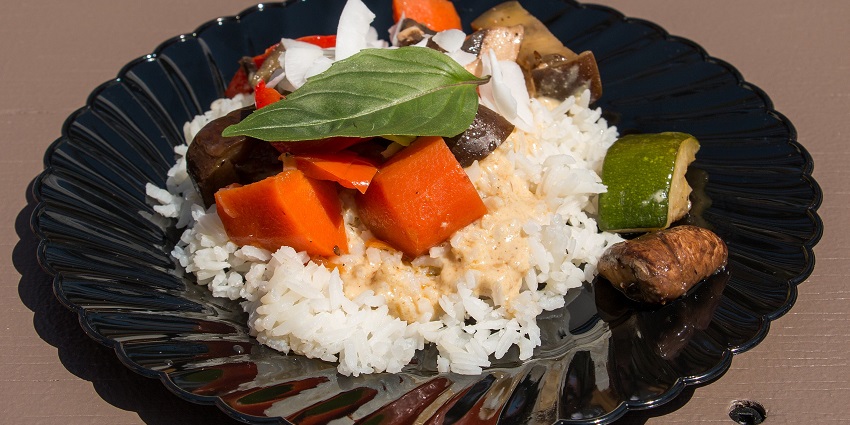 Snap of the tasty Vegetable Curry with Jasmine Rice served in the ceramic plate