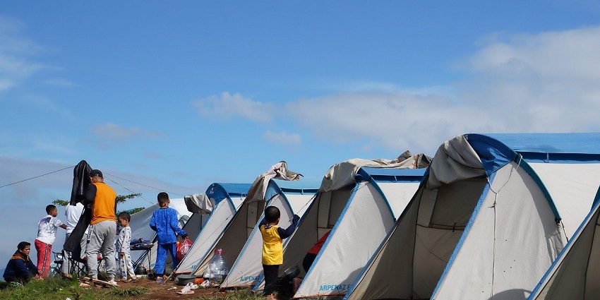 A family campsite on grassy ground, with tents set up and picnic items scattered around