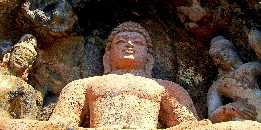 Panoramic snapshot of the beautiful Bojjanna Konada Caves with buddha statue in lambasingi