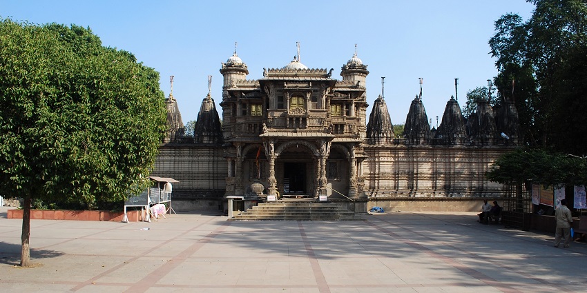 The wide exterior view of one of the oldest Jain temples in Ahmedabad, Gujarat.
