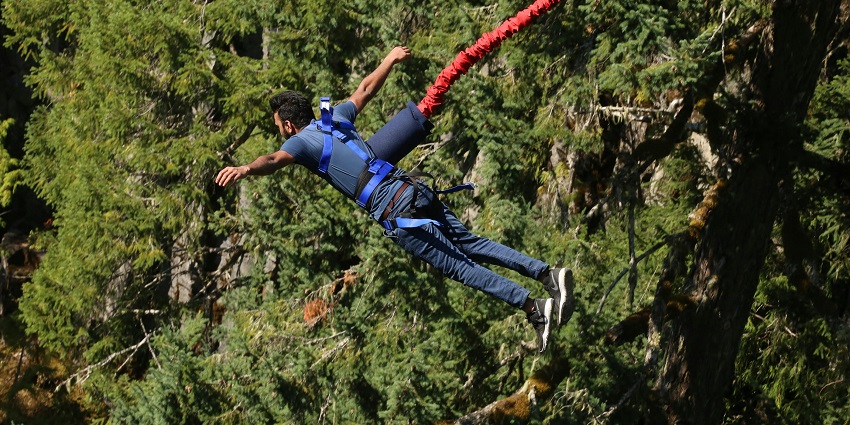 Aerial view of Chameliya Bungee Jump site, surrounded by dense forest and rocky cliffs.