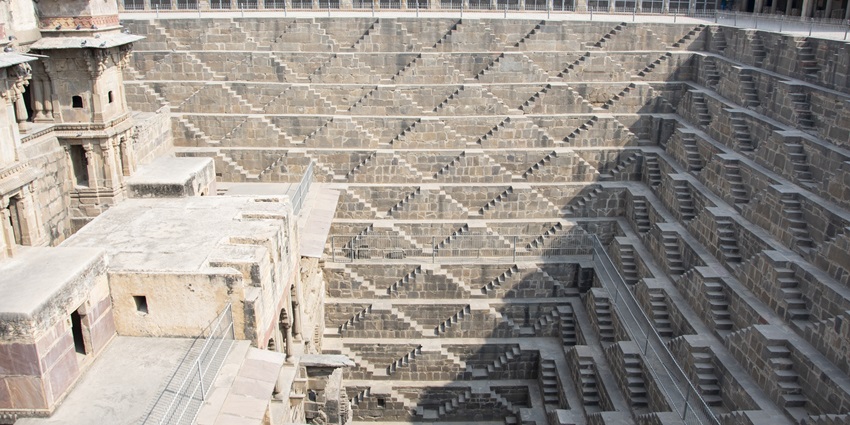 The landscape picture of the Chand Baori, one of the largest step wells in India.