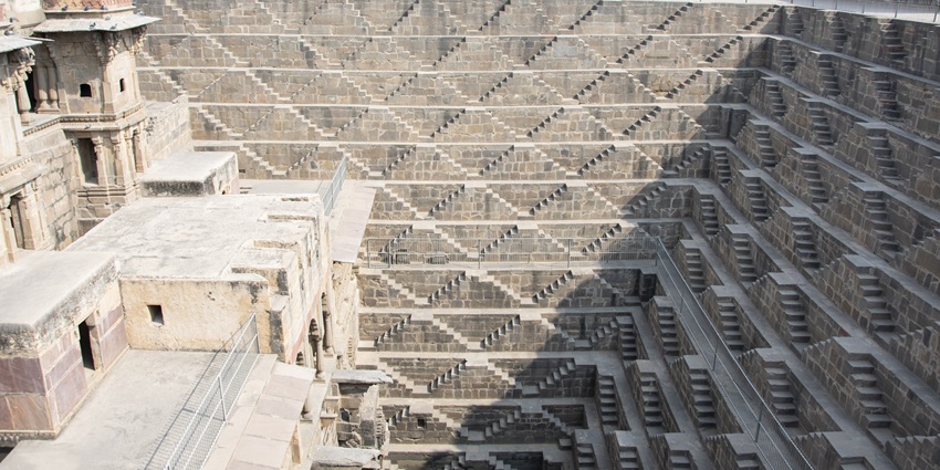 The landscape picture of the Chand Baori, one of the largest step wells in India.