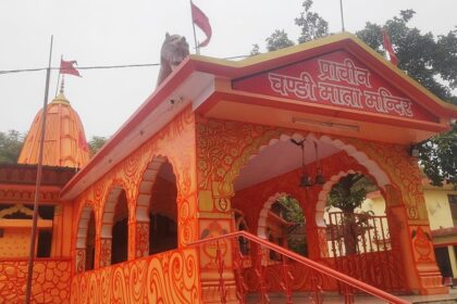 View of the entrance Chandi temple, with the stairs leading inside the temple building