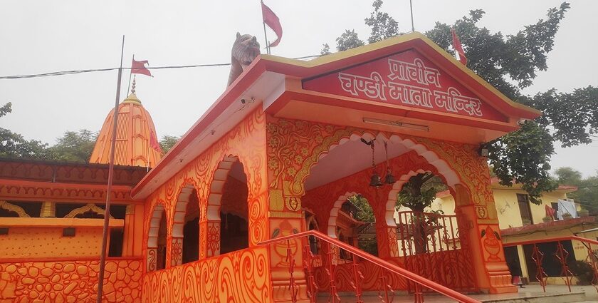 View of the entrance Chandi temple, with the stairs leading inside the temple building