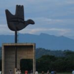 A view of an open-hand monument at Chandigarh.