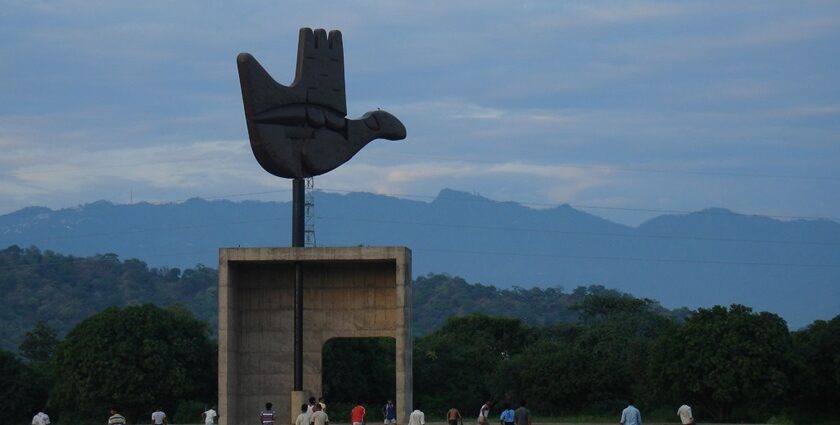 A view of an open-hand monument at Chandigarh.