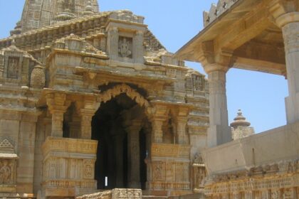 Full view of the main entrance to one of the Indian temples, similar to Chandrahasini Temple.