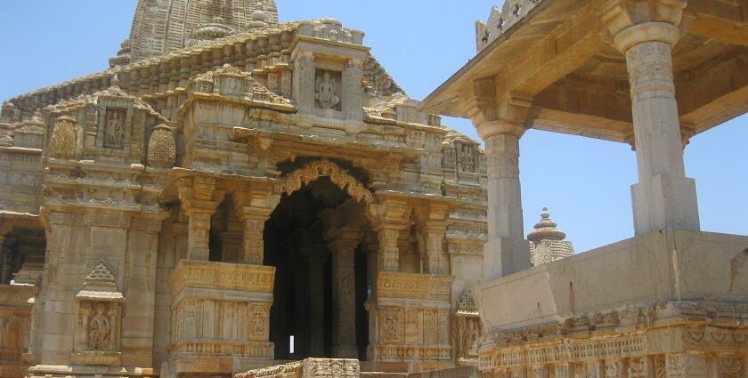 Full view of the main entrance to one of the Indian temples, similar to Chandrahasini Temple.