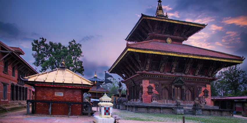 The image features Changunarayan Temple, a historic Hindu temple set in lush greenery, Nepal.