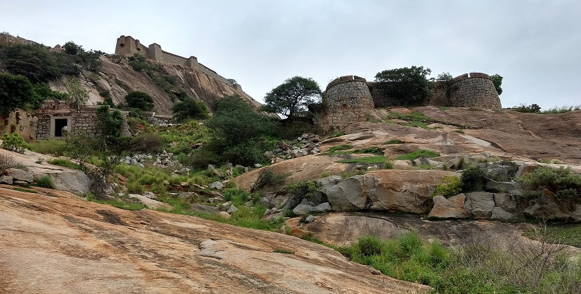 A view of the lofty hills and sprawling vegetation of Channarayana Durga in Hyderabad.