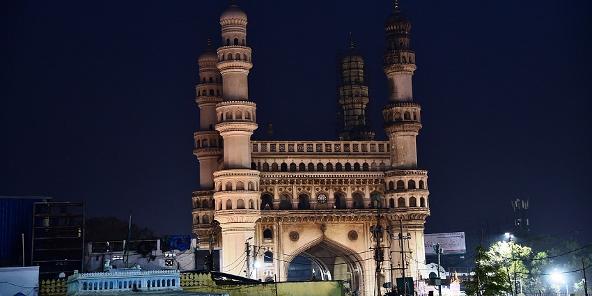 Beautiful night snapshot of the iconic Charminar near the Chaitanya Jyoti Museum in Andhra