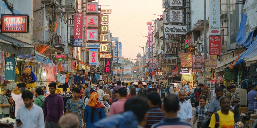 Bustling busy streets of Chauta Bazaar, Surat, aligned with shops in both sides