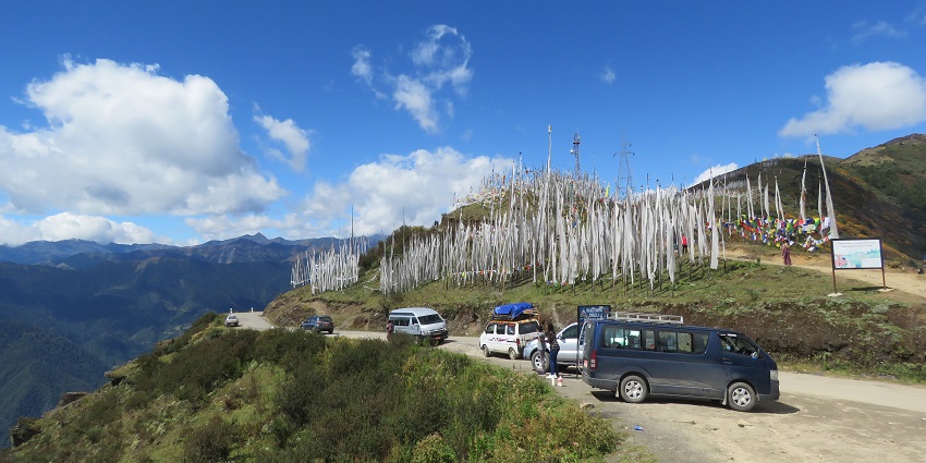 A panoramic view of Chele La Pass, Bhutan's highest motorable pass, offering breathtaking mountain vistas.