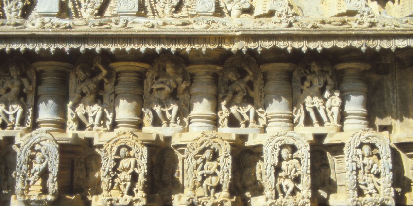 Intricately carved friezes at the Chennakesava Temple in Belur, Karnataka, showcasing exquisite craftsmanship.