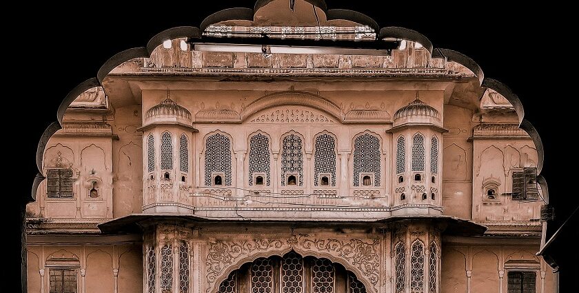 Wide angle view of the Chhachhrauli fort through an archway, showcasing the intricate architecture