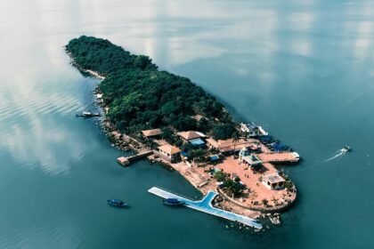 Aerial view of the beautiful lake and Chilika Wildlife Sanctuary located in Odisha.