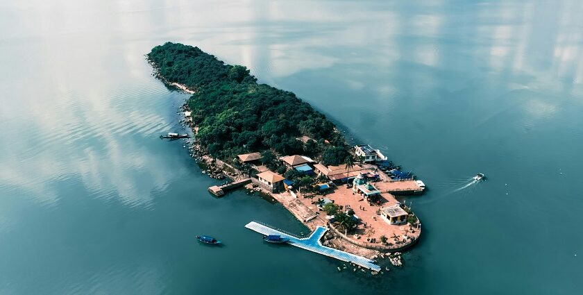 Aerial view of the beautiful lake and Chilika Wildlife Sanctuary located in Odisha.