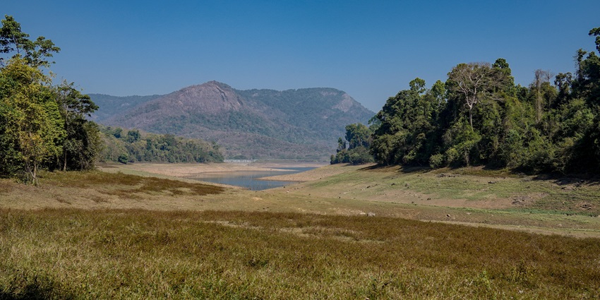 A large dam with a blue railing holds back a lake in Chimmony Wildlife Sanctuary