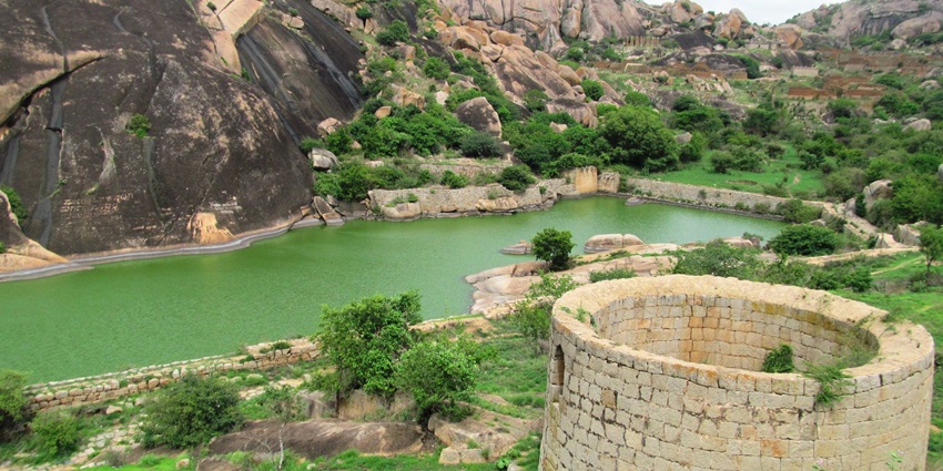 Picturesque view of the ancient Chitradurga fort is situated beside the lake