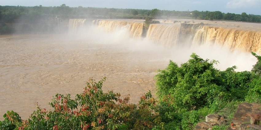 A top view of Chitrakoot Falls in Chhattisgarh with its cascading streams and misty veils