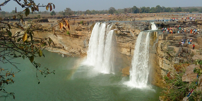 Top view of Chitrakoot Falls which holds lots of historical values, crowded with visitors.