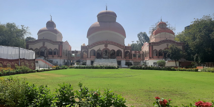 A serene park scene in Delhi featuring lush greenery and a tranquil atmosphere.