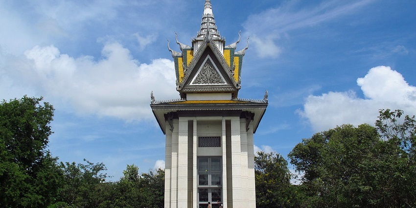 The Bhuddist Stupa at Choeung Ek, Cambodia, that houses thousands of skulls of the victims