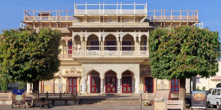 Mubarak Mahal in the City Palace showcasing ornate Rajasthani architecture and details.