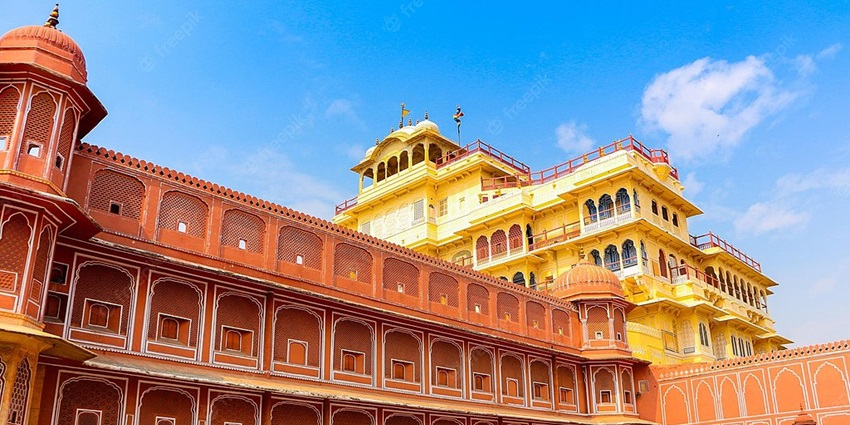 Elegant side view of City Palace, blending traditional Rajasthani and Mughal styles.