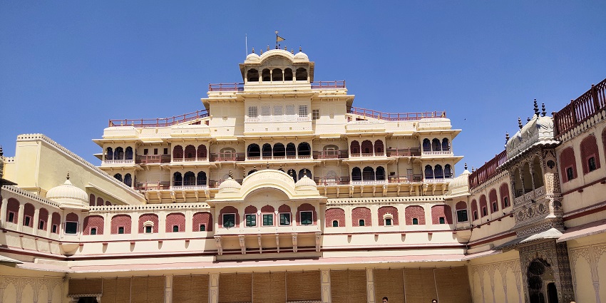 Front view of Chandra Mahal in Jaipur's City Palace, showcasing its grand architecture.