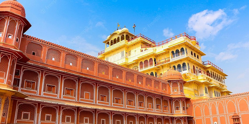 Lower angle view of the magnificent City Palace in Jaipur under the bright sun in the pink city