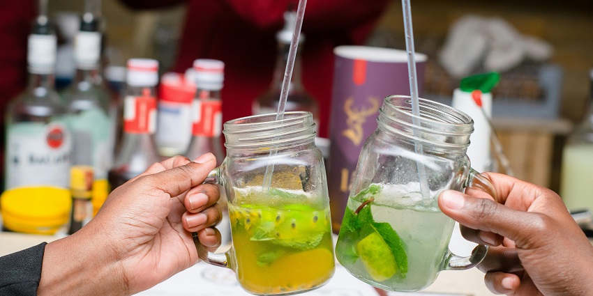Image of clear glass mugs with mixed drinks served in Tew Lay Barat Ao Nang, Krabi.