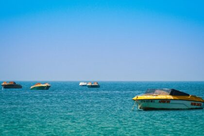 Picturesque view of boat parking at Colva beach under clear blue - Colva beach water sports