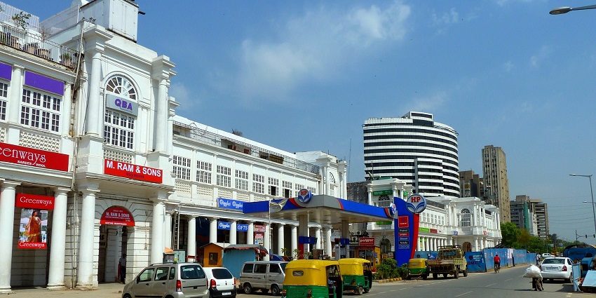 A glimpse of white buildings with stores and food outlets at the famous Connaught Place.