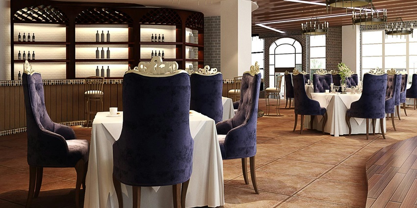 Restaurant with the white tablecloth sitting with the purple chair and the Table