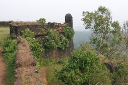 Walls of the Cojuem fort covered with moss and surrounded by lush shrubs