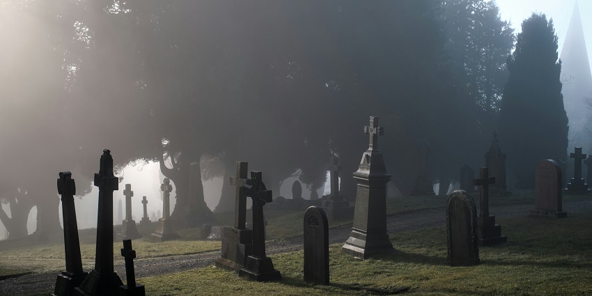 A glimpse of graves at the graveyard surrounded by mist and tall lush green trees.