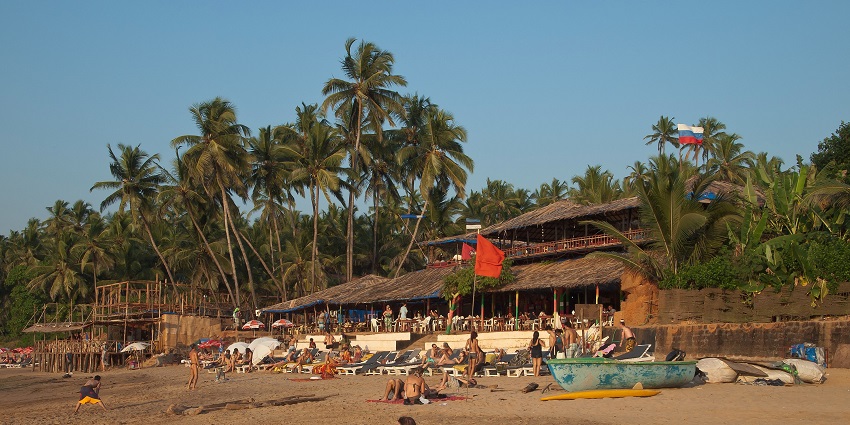 Panoramic image of Curlies beach shack near the end of Anjuna beach