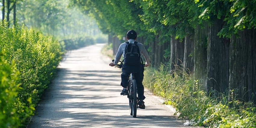 A cyclist navigating the streets of Siem Reap, reflecting the local lifestyle and activity