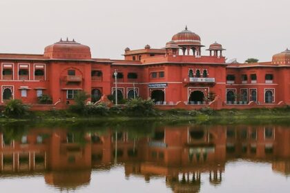 A side view of the Darbhanga Museum showcasing a pathway with plants on the side