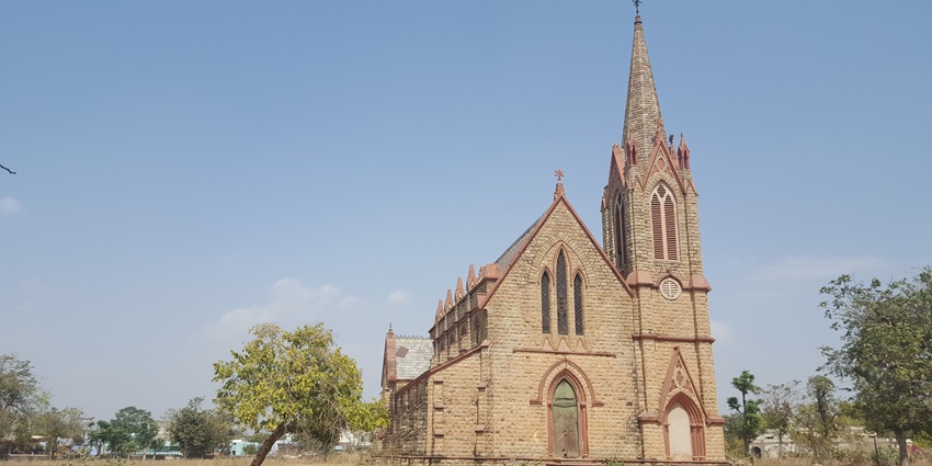 Historic Railway Colony Church in Bandikui, Rajasthan, with unique architectural features.
