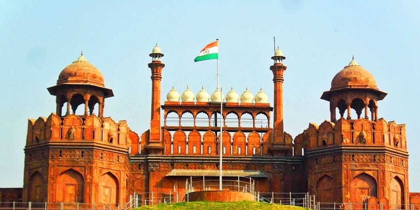 Panoramic image of the beautiful Red Fort and The Indian Tricolour Flag on its premises