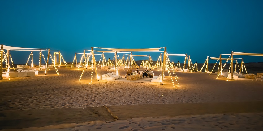 Experience Rajasthani culture with folk music, bonfires, camel rides, and dancers.