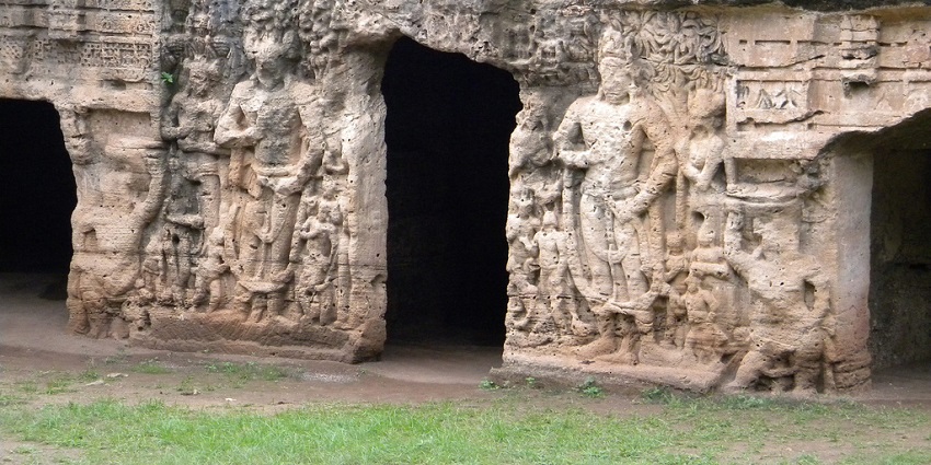 Buddhist caves in Gujarat, with intricately carved walls around it