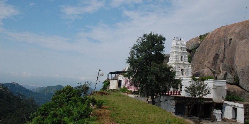 View of Narsimha temple on the hills, an ideal spot for a spiritual getaway amidst picturesque mountains