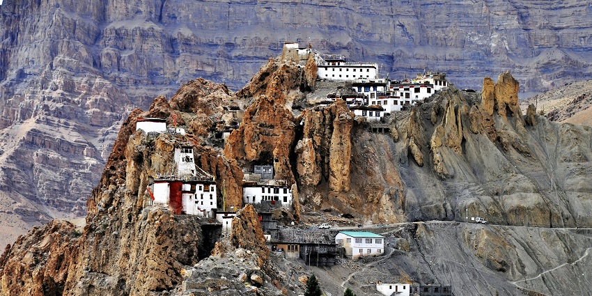 A fascinating view of Dhankar Monastery in Himachal Pradesh on majestic mountains.