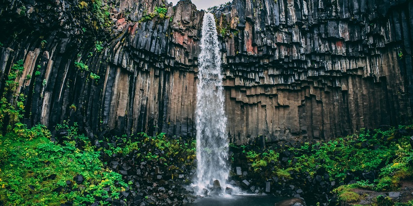 A scenic waterfall cascading through the beautiful green region amidst serenity.