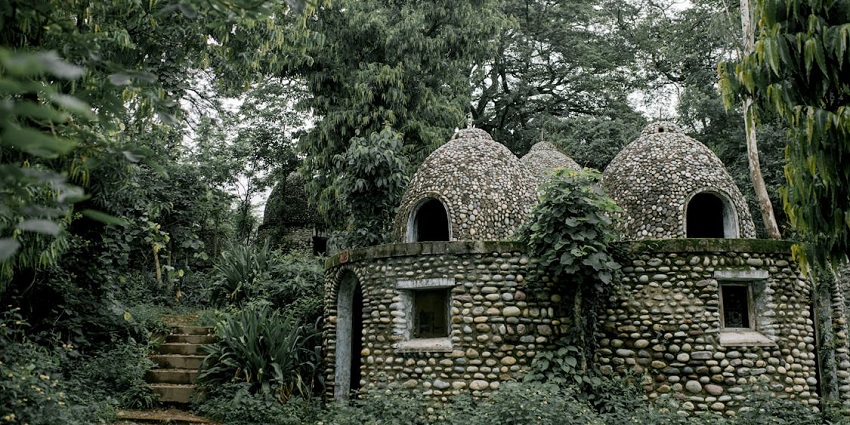 An image showcasing the serene forest backdrops of Dharkundi Ashram near Chitrakoot