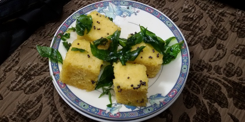 Assorted dhokla from Dhokla House, garnished with sweet chutney and rai